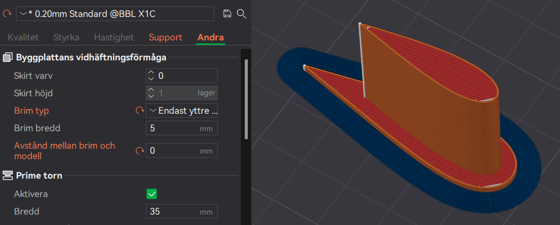Brim-inställningar i Bambustudio med en synlig brim-ring runt modellen